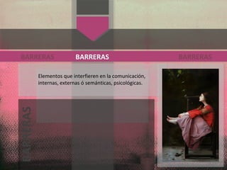 Elementos que interfieren en la comunicación,
internas, externas ó semánticas, psicológicas.
BARRERASBARRERAS BARRERAS
BARRERAS
 