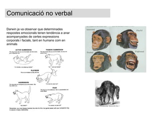 Comunicació no verbal Darwin ja va observar que determinades respostes emocionals tenen tendència a anar acompanyades de certes expressions corporals i facials, tant en humans com en animals  
