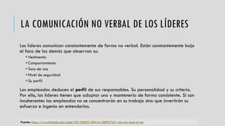 LA COMUNICACIÓN NO VERBAL DE LOS LÍDERES
Los líderes comunican constantemente de forma no verbal. Están constantemente bajo
el foco de los demás que observan su:
Vestimenta
Comportamiento
Tono de voz
Nivel de seguridad
Su perfil
Los empleados deducen el perfil de sus responsables. Su personalidad y su criterio.
Por ello, los líderes tienen que adoptar uno y mantenerlo de forma consistente. Si son
incoherentes los empleados no se concentrarán en su trabajo sino que invertirán su
esfuerzo e ingenio en entenderlos.
Fuente: https://www.linkedin.com/pulse/20130602150416-35894743--are-you-mad-at-me
 