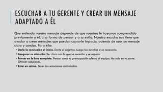 ESCUCHAR A TU GERENTE Y CREAR UN MENSAJE
ADAPTADO A ÉL
Que entienda nuestro mensaje depende de que nosotros le hayamos comprendido
previamente a él, a su forma de pensar y a su estilo. Nuestra escucha nos tiene que
ayudar a crear mensajes que puedan causarle impacto, además de usar un mensaje
claro y conciso. Para ello:
Darle la conclusión al inicio. Darle el objetivo. Luego los detalles si es necesario.
Asegurar su atención. Ser claro con lo que se necesita y se espera.
Pensar en la foto completa. Pensar como tu preocupación afecta al equipo. No solo en tu parte.
Ofrecer soluciones.
Estar en calma. Tener las emociones controladas.
 