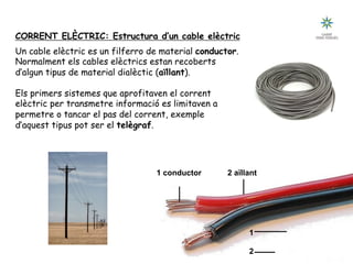 D 15
CORRENT ELÈCTRIC: Estructura d’un cable elèctric
Un cable elèctric es un filferro de material conductor.
Normalment els cables elèctrics estan recoberts
d’algun tipus de material dialèctic (aïllant).
Els primers sistemes que aprofitaven el corrent
elèctric per transmetre informació es limitaven a
permetre o tancar el pas del corrent, exemple
d’aquest tipus pot ser el telègraf.
1 conductor 2 aïllant
1
2
 