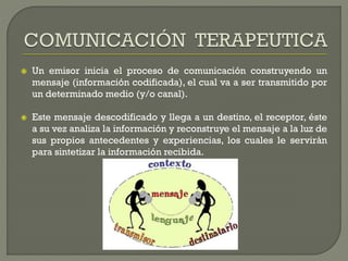  Un emisor inicia el proceso de comunicación construyendo un
mensaje (información codificada), el cual va a ser transmitido por
un determinado medio (y/o canal).
 Este mensaje descodificado y llega a un destino, el receptor, éste
a su vez analiza la información y reconstruye el mensaje a la luz de
sus propios antecedentes y experiencias, los cuales le servirán
para sintetizar la información recibida.
 