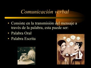 Comunicación verbal  Consiste en la transmisión del mensaje a través de la palabra, esta puede ser: Palabra Oral Palabra Escrita 