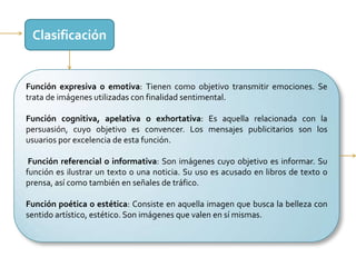 Función fática:Se trata de aquella que tiene como objetivo llamar la atención. Es muy frecuente en el uso de contrastes, en los tamaños y al igual que la conativa es muy utilizada en los mensajes publicitarios.Función metalingüística: Es aquella función que se refiere al código, se ha de conocer el código para otorgarle un significado.Función descriptiva: Ofrece información detallada y objetiva sobre aquello que representa. 