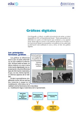 28




                         Gráficos digitales
                            Una fotografía, un dibujo, un gráfico de evolución de ventas, un plano
                            topográfico en 3D, un impresionante fractal... Todos estos gráficos, tan
                            diferentes en cuanto a la información que contienen y a su aspecto
                            visual, tienen algo en común: si los estamos viendo en el monitor, o
                            los imprimimos desde la computadora, son gráficos en los cuales toda
                            la información está codificada en unos y ceros, en bits. Son gráficos
                            digitales.


Los principales
formatos gráficos                Como la pintura
                                  o la fotografía,
     Los gráficos se diferencian
                                   los gráficos en
entre sí por el modo (informáti-                                                              Gráficos
                                 la computadora
co) en que codifican la informa-                                                              vectoriales y
                                         intentan                                             gráficos
ción. Aunque todos se basan, en         reflejar la                                           pixelados:
última instancia, en unos y ceros        realidad.
                                                                                              las
                                                                                              variantes
(información digitalizada), son re-                                                           principales.
presentación visual de diferentes
tipos de información matemática,
la que, a su vez, intenta reprodu-
cir diversos aspectos de la reali-
dad.
     Es decir, que podríamos, sim-
plificando mucho, afirmar que hay
dos instancias o etapas en la
modelización informática de la
realidad o de los fenómenos de la naturaleza:
a) modelización lógico-matemática de lo representado.


                REALIDAD
                   O                MODELIZACIÓN
                                      LÓGICO-                 CODIFICACIÓN
               FENÓMENOS
                                     MATEMÁTICA                 DIGITAL
                  DE LA
               NATURALEZA




                                      FORMATOS                   FORMATOS
                                      GRÁFICOS                      DE
                                      GENÉRICOS                  ARCHIVOS
 