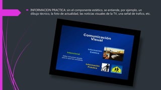 INFORMACION PRACTICA: sin el componente estético, se entiende, por ejemplo, un
dibujo técnico, la foto de actualidad, las noticias visuales de la TV, una señal de trafico, etc.
 