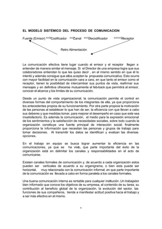 6
EL MODELO SISTÉMICO DEL PROCESO DE COMUNICACION
Fuente (Emisor) Codificador Canal Decodificador Receptor
Retro Alimentación
La comunicación efectiva tiene lugar cuando el emisor y el receptor llegan a
entender de manera similar el mensaje. Si el Director de una empresa logra que sus
colaboradores entiendan lo que les quiso decir , en el mismo sentido en que él lo
intentó y además consigue que ellos acepten la propuesta comunicativa. Esto ocurre
con mayor facilidad en la comunicación cara a cara, en que tanto el emisor como el
receptor, tienen la posibilidad de intercambiar sus puntos de vista, reafirmar sus
mensajes y en definitiva ofrecerse mutuamente el feb-back que permitirá al emisor,
conocer el alcance y los límites de su comunicación.
Desde un punto de vista organizacional, la comunicación permite el control en
diversas formas del comportamiento de los integrantes de ella, ya que proporciona
los antecedentes propios de su funcionamiento. Por otra parte propicia la motivación
de las personas al establecer lo que han de ser, la eficiencia con que llevan a cabo
sus deberes y que medidas tomar, para mejorar el desempeño en caso que este sea
insatisfactorio. Es además la comunicación, el medio para la expresión emocional
de los sentimientos y la satisfacción de necesidades sociales, sobre todo cuando la
organización constituye una fuente principal de interacción social; finalmente
proporciona la información que necesitan las personas y grupos de trabajo para
tomar decisiones. Al transmitir los datos se identifican y evalúan las diversas
opciones.
En el trabajo en equipo se busca lograr aumentar la eficiencia en las
comunicaciones, ya que se ha visto, que parte importante del éxito de la
organización está en delimitar los canales y responsabilidades en el acto de
comunicarse.
Existen canales formales de comunicación y, de acuerdo a cada organización estos
pueden ser verticales de acuerdo a su organigrama, o bien esta puede ser
horizontal, muy relacionada con la comunicación informal, en que parte importante
de la comunicación es llevada a cabo en forma paralela a los canales formales.
Una buena comunicación interna es rentable para cualquier institución .Un trabajador
bien informado que conoce los objetivos de su empresa, el contenido de su tarea, su
contribución al beneficio global de la organización, la evolución del sector, las
funciones de sus compañeros, tiende a manifestar actitud positiva hacia el trabajo y
a ser más efectivo en el mismo.
 