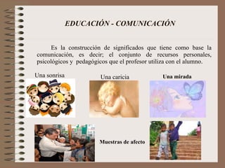 EDUCACIÓN - COMUNICACIÓN Es la construcción de significados que tiene como base la comunicación, es decir; el conjunto de recursos personales, psicológicos y  pedagógicos que el profesor utiliza con el alumno. Una sonrisa Una caricia Una mirada Muestras de afecto 