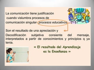 La comunicación tiene justificación cuando vislumbra procesos de comunicación singular- procesos educativos.Son el resultado de una apreciación y Decodificación subjetiva consiente del mensaje, interpretados a partir de conocimientos y principios q ya tenia.« El resultado del Aprendizaje			es la Enseñanza »