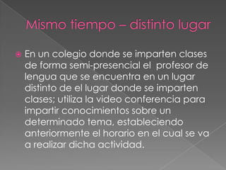 Mismo tiempo – distinto lugar  En un colegio donde se imparten clases de forma semi-presencial el  profesor de lengua que se encuentra en un lugar distinto de el lugar donde se imparten clases; utiliza la video conferencia para impartir conocimientos sobre un determinado tema, estableciendo anteriormente el horario en el cual se va a realizar dicha actividad.