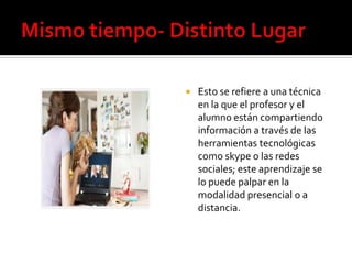    Esto se refiere a una técnica
    en la que el profesor y el
    alumno están compartiendo
    información a través de las
    herramientas tecnológicas
    como skype o las redes
    sociales; este aprendizaje se
    lo puede palpar en la
    modalidad presencial o a
    distancia.
 