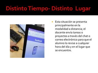   Esta situación se presenta
    principalmente en la
    modalidad a distancia; el
    docente envía tareas o
    proyectos a través del chat o
    correo electrónico para que el
    alumno lo revise a cualquier
    hora del día y en el lugar que
    se encuentre.
 