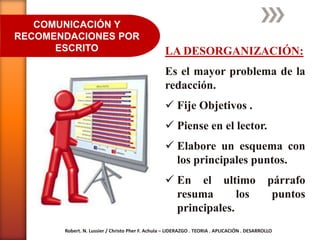 COMUNICACIÓN Y
RECOMENDACIONES POR
      ESCRITO                                     LA DESORGANIZACIÓN:
                                                  Es el mayor problema de la
                                                  redacción.
                                                   Fije Objetivos .
                                                   Piense en el lector.
                                                   Elabore un esquema con
                                                    los principales puntos.
                                                   En el ultimo                               párrafo
                                                    resuma       los                            puntos
                                                    principales.
       Robert. N. Lussier / Christo Pher F. Achula – LIDERAZGO . TEORIA . APLICACIÓN . DESARROLLO
 