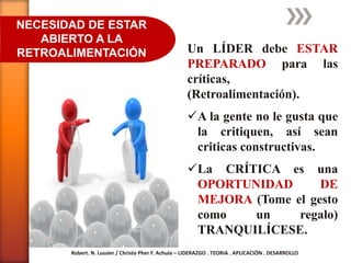 NECESIDAD DE ESTAR
   ABIERTO A LA
RETROALIMENTACIÓN                                    Un LÍDER debe ESTAR
                                                     PREPARADO para las
                                                     críticas,
                                                     (Retroalimentación).
                                                     A la gente no le gusta que
                                                      la critiquen, así sean
                                                      criticas constructivas.
                                                     La CRÍTICA es una
                                                      OPORTUNIDAD       DE
                                                      MEJORA (Tome el gesto
                                                      como   un     regalo)
                                                      TRANQUILÍCESE.
       Robert. N. Lussier / Christo Pher F. Achula – LIDERAZGO . TEORIA . APLICACIÓN . DESARROLLO
 