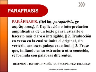 PARAFRASIS

 PARÁFRASIS. (Del lat. paraphrăsis, gr.
 παράφρασις). f. Explicación o interpretación
 amplificativa de un texto para ilustrarlo o
 hacerlo más claro o inteligible. || 2. Traducción
 en verso en la cual se imita el original, sin
 verterlo con escrupulosa exactitud. || 3. Frase
 que, imitando en su estructura otra conocida,
 se formula con palabras diferentes.

 RESUMEN - INTERPRETACIÓN (CON SUS PROPIAS PALABRAS)

                        Diccionario de la Real Academia Española
 