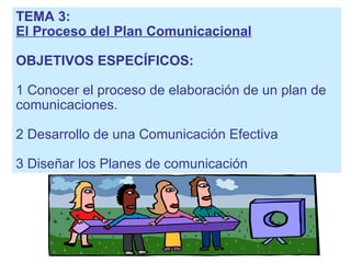 TEMA 3: El Proceso del Plan Comunicacional OBJETIVOS ESPECÍFICOS: 1 Conocer el proceso de elaboración de un plan de comunicaciones. 2 Desarrollo de una Comunicación Efectiva 3 Diseñar los Planes de comunicación  
