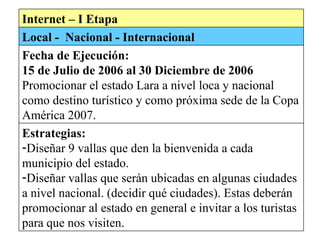 Internet – I Etapa Local -  Nacional - Internacional Fecha de Ejecución:  15 de Julio de 2006 al 30 Diciembre de 2006 Promocionar el estado Lara a nivel loca y nacional como destino turístico y como próxima sede de la Copa América 2007. Estrategias: Diseñar 9 vallas que den la bienvenida a cada municipio del estado. Diseñar vallas que serán ubicadas en algunas ciudades a nivel nacional. (decidir qué ciudades). Estas deberán promocionar al estado en general e invitar a los turistas para que nos visiten.  