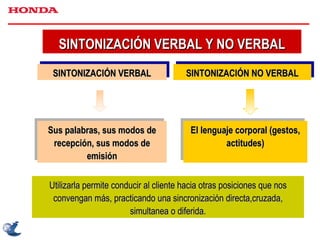 SINTONIZACIÓN VERBAL Y NO VERBAL Utilizarla permite conducir al cliente hacia otras posiciones que nos convengan más, practicando una sincronización directa,cruzada, simultanea o diferida. SINTONIZACIÓN VERBAL Sus palabras, sus modos de recepción, sus modos de emisión SINTONIZACIÓN NO VERBAL El lenguaje corporal (gestos, actitudes) 