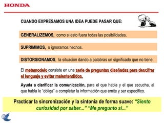 CUANDO EXPRESAMOS UNA IDEA PUEDE PASAR QUE: GENERALIZEMOS,   como si esto fuera todas las posibilidades. SUPRIMIMOS,   o ignoramos hechos. DISTORSIONAMOS ,  la situación dando a palabras un significado que no tiene. El  metamodelo  consiste en una  serie de preguntas diseñadas para descifrar el lenguaje y evitar malentendidos.   Ayuda a clarificar la comunicación,  para el que habla y el que escucha, al que habla le “obliga” a completar la información que emite y ser específico. Practicar la sincronización y la sintonía de forma suave:  “Siento curiosidad por saber...” “Me pregunto si...” 
