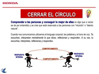 CERRAR EL CÍRCULO Comprender a las personas y conseguir lo mejor de ellas  es algo que a veces se da por entendido y se cree que está reservado a las personas con “intuición” o “talento natural”. Cuando nos comunicamos utilizamos el lenguaje corporal, las palabras y el tono de voz.  Te escuchan, interpretan mentalmente lo que dices, reflexionan y responden. A su vez, tu escuchas, interpretas, reflexionas y respondes. RESPUESTA INTERNA RESPUESTA INTERNA COMPORTAMIENTO COMPORTAMIENTO 