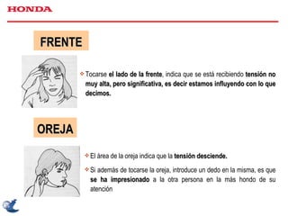 FRENTE Tocarse  el lado de la frente , indica que se está recibiendo  tensión no muy alta, pero significativa, es decir estamos influyendo con lo que decimos. OREJA El área de la oreja indica que la  tensión desciende. Si además de tocarse la oreja, introduce un dedo en la misma, es que  se ha impresionado  a la otra persona en la más hondo de su atención 