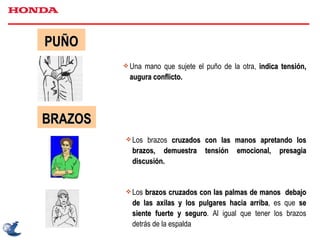 PUÑO Una mano que sujete el puño de la otra,  indica tensión, augura conflicto. BRAZOS Los brazos  cruzados con las manos apretando los brazos, demuestra tensión emocional, presagia discusión.  Los  brazos cruzados con las palmas de manos  debajo de las axilas y los pulgares hacia arriba , es que  se siente fuerte y seguro . Al igual que tener los brazos detrás de la espalda 