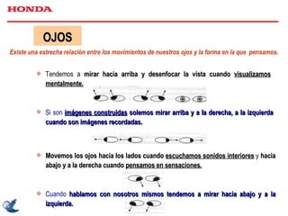 OJOS Existe una estrecha relación entre los movimientos de nuestros ojos y la forma en la que  pensamos. Tendemos a  mirar hacia arriba y desenfocar la vista cuando  visualizamos mentalmente. Si son  imágenes construidas  solemos mirar arriba y a la derecha, a la izquierda cuando son imágenes recordadas. Movemos los ojos hacia los lados cuando  escuchamos sonidos interiores  y  hacia abajo y a la derecha cuando  pensamos en sensaciones. Cuando  hablamos con nosotros mismos tendemos a mirar hacia abajo y a la izquierda. 