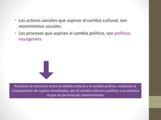 • Los actores sociales que aspiran al cambio cultural, son
movimientos sociales.
• Los procesos que aspiran al cambio político, son políticas
insurgentes.
Provocan la transición entre el cambio cultural y el cambio político, mediante la
incorporación de sujetos movilizados, por el cambio cultural o político a un sistema
al que no pertenecían anteriormente
 