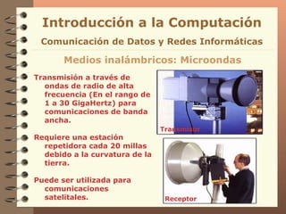 Transmisión a través de ondas de radio de alta frecuencia (En el rango de 1 a 30 GigaHertz) para comunicaciones de banda ancha. Requiere una estación repetidora cada 20 millas debido a la curvatura de la tierra.  Puede ser utilizada para comunicaciones satelitales. Introducción a la Computación Medios inalámbricos: Microondas Comunicación de Datos y Redes Informáticas Receptor Transmisor 