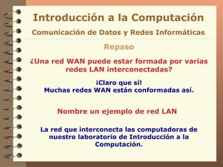 Introducción a la Computación Repaso ¿Una red WAN puede estar formada por varias redes LAN interconectadas? Comunicación de Datos y Redes Informáticas Nombre un ejemplo de red LAN ¡Claro que sí! Muchas redes WAN están conformadas así. La red que interconecta las computadoras de nuestro laboratorio de Introducción a la Computación. 