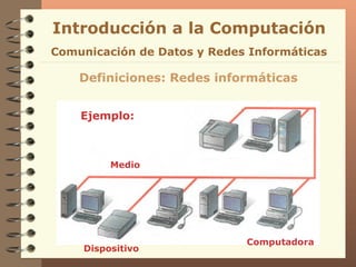 Definiciones: Redes informáticas Introducción a la Computación Comunicación de Datos y Redes Informáticas Ejemplo: Dispositivo Computadora Medio 