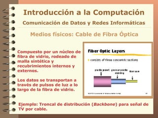 Compuesto por un núcleo de fibra de vidrio, rodeado de malla sintética y recubrimientos internos y externos. Los datos se transportan a través de pulsos de luz a lo largo de la fibra de vidrio. Medios físicos: Cable de Fibra Óptica Introducción a la Computación Ejemplo: Troncal de distribución ( Backbone ) para señal de TV por cable. Comunicación de Datos y Redes Informáticas 