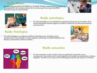  El ruido físico es externo al hablante y al oyente. Incluye cosas como los sonidos de
la construcción de carreteras afuera de tu ventana que hacen que sea difícil
escuchar lo que se está diciendo
 El ruido fisiológico es cualquier problema fisiológico que interfiera con la
comunicación. Por ejemplo, si tienes migraña, puede que sea difícil hablarle a los
demás o escucharlos cuando te hablan.
 El ruido semántico sucede cuando no hay un significado compartido en una
comunicación. Esto suele ocurrir cuando alguien está tratando con profesionales médicos,
abogados, científicos y otros que usan terminología que puede que la gente no entienda.
 El ruido psicológico es la interferencia mental que hace que no escuches. Si tu
mente deambula mientras alguien te habla, el ruido de tu cabeza prevendrá la
comunicación
 