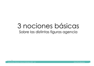 Comunicación	Televisiva.	Grado	de	Publicidad	y	RRPP	-	UIC																																																																																																																																																Diana	Pinos	@psydiana	
4	
3 nociones básicas
Sobre las distintas figuras agencia
	Comunicación	Televisiva.	Grado	de	Publicidad	y	RRPP	-	UIC																																																																																																																																																Diana	Pinos	@psydiana	
 