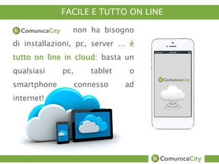 FACILE E TUTTO ON LINE 
non ha bisogno 
di installazioni, pc, server … è 
tutto on line in cloud: basta un 
qualsiasi pc, tablet o 
smartphone connesso ad 
internet! 
 