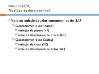 Entradas (3/8)
(Medidas de desempenho)
 Valores calculados dos componentes da EAP
 [Gerenciamento de Tempo]
 Variação de prazos (VP)
 Índice de desempenho de prazos (IDP)
 [Gerenciamento de Custos]
 Variação de custos (VC)
 Índice de desempenho de custos (IDC)
 