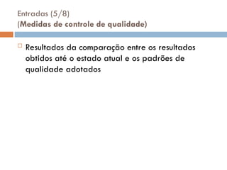 Entradas (5/8)
(Medidas de controle de qualidade)
 Resultados da comparação entre os resultados
obtidos até o estado atual e os padrões de
qualidade adotados
 