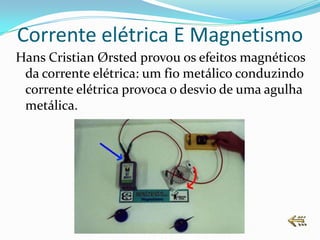 Corrente elétrica E Magnetismo
Hans Cristian Ørsted provou os efeitos magnéticos
 da corrente elétrica: um fio metálico conduzindo
 corrente elétrica provoca o desvio de uma agulha
 metálica.
 