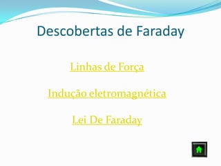Descobertas de Faraday

     Linhas de Força

 Indução eletromagnética

     Lei De Faraday
 