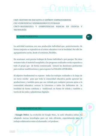 26
CIEP=SENTIDO DE INICIATIVA Y ESPÍRITU EMPRENDERDOR
CEC=CONCIENCIA Y EXPRESIONES CULTURALES
CMCT=MATEMÁTICA Y COMPETENCIAS BÁSICAS EN CIENCIA Y
TECNOLOGÍA
6. AGRUPAMIENTO:
La actividad comienza con una producción individual que, posteriormente, de
forma conjunta se expondrá en el centro educativo o en la localidad. Por ello los
agrupamientos serán, desde el comienzo, flexibles.
En ocasiones, será preciso trabajar de forma individual o por parejas. En otras
sesiones todo el material recopilado y los progresos realizados serán expuestos a
todo el grupo que de forma consensuada tomará las decisiones pertinentes
para realizar modificaciones y para exponer la COLADA LITERARIA.
El objetivo fundamental es exponer todos los trabajos realizados a lo largo de
un curso escolar para que toda la comunidad educativa pueda apreciar las
producciones y también para que sea visitada por cualquier persona ajena a la
comunidad educativa: acercar la Literatura a todos los habitantes de la
localidad de forma cotidiana y tradicional, en forma de colada y también a
través de las redes y plataformas digitales
7. HERRAMIENTAS TIC:
- Google Drive: La evolución de Google Docs., la suite ofimática online, ha
adoptado nuevas tecnologías para ser más eficiente, especialmente para el
trabajo colaborativo entre el alumnado y el profesor.
 