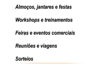 Almoços, jantares e festas

Workshops e treinamentos

Feiras e eventos comerciais

Reuniões e viagens

Sorteios
 