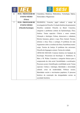 23
6 PEM- PROFESSOR DE
ENSINO MÉDIO
(Física)
Cinemática, Dinâmica, Hidrostática, Termologia, Optica,
Eletricidade e Magnetismo
7 PEM- PROFESSOR DE
ENSINO MÉDIO
(Filosofia/Sociologia)
FILOSOFIA: Conceito, papel cultural e campo de
investigação da Filosofia. Evolução histórica do pensamento
filosófico ocidental. Filosofia no Brasil. Conceitos,
categorias e problemas centrais da Epistemologia, Ética,
Estética. Temas especiais: Ciência e senso comum;
Alienação e ideologia; Cultura, democracia e cidadania;
Direitos humanos, gênero e raça; Ética Animal; Técnica,
niilismo e ética; Ética e ecologia; O problema do mal;
Argumentos sobre a existência de Deus; O problema mente-
corpo; Teorias da Justiça; O problema dos universais;
Filosofia da linguagem comum; Teorias da verdade.
CIÊNCIAS SOCIAIS: Contexto histórico de fundação da
Sociologia. Precursores da Sociologia: E. Durkheim; K.
Marx e M. Weber. Conceitos e categorias básicas para a
compreensão da vida social: Sociabilidade e socialização;
Processos sociais. Estratificação e mobilidade social. Temas
especiais: Cultura e ideologia; Identidades e diversidade
cultural; crises da modernidade; Políticas sociais;
Identidades sociais e movimentos populares; O processo
histórico da construção das desigualdades sociais na
sociedade brasileira.
 