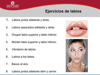 1. Labios juntos adelante y atrás.
2. Labios separados adelante y atrás.
3. Chupar labio superior y labio inferior.
4. Morder labio superior y labio inferior.
5. Vibratorio de labios.
6. Labios a los lados.
7. Besos al aire.
8. Labios juntos adelante abrir y cerrar.
Ejercicios de labios
 