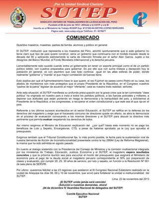 COMUNICADO
Queridos maestros, maestras, padres de familia, alumnos y público en general:
El SUTEP, institución que represe...