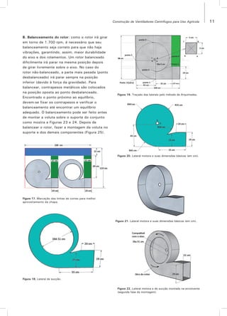 11Construção de Ventiladores Centrífugos para Uso Agrícola
B. Balanceamento do rotor: como o rotor irá girar
em torno de 1.700 rpm, é necessário que seu
balanceamento seja correto para que não haja
vibrações, garantindo, assim, maior durabilidade
do eixo e dos rolamentos. Um rotor balanceado
dificilmente irá parar na mesma posição depois
de girar livremente sobre o eixo. No caso do
rotor não-balanceado, a parte mais pesada (ponto
desbalanceado) irá parar sempre na posição
inferior (devido à força da gravidade). Para
balancear, contrapesos metálicos são colocados
na posição oposta ao ponto desbalanceado.
Encontrado o ponto próximo ao equilíbrio,
devem-se fixar os contrapesos e verificar o
balanceamento até encontrar um equilíbrio
adequado. O balanceamento pode ser feito antes
de montar a voluta sobre o suporte do conjunto
como mostra a Figuras 23 e 24. Depois de
balancear o rotor, fazer a montagem da voluta no
suporte e dos demais componentes (Figura 25).
Figura 17. Marcação das linhas de cortes para melhor
aproveitamento da chapa.
Figura 18. Lateral de sucção.
Figura 19. Traçado das laterais pelo método de Arquimedes.
Figura 20. Lateral motora e suas dimensões básicas (em cm).
Figura 22. Lateral motora e de sucção montada na envolvente
(segunda fase da montagem).
Figura 21. Lateral motora e suas dimensões básicas (em cm).
 