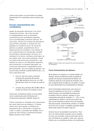 5Construção de Ventiladores Centrífugos para Uso Agrícola
valores reais podem ser encontrados em tabelas
apresentadas em compêndios sobre mecânica dos
fluidos.
Curvas características dos
ventiladores
Apesar de equações disponíveis e de vários
fundamentos físicos, não é fácil estudar
a interdependência entre as grandezas
características dos ventiladores baseando-
se em considerações puramente teóricas. Em
vista disso, recorre-se a ensaios de laboratórios
que permitem expressar a variação de uma
grandeza em função da outra, em forma de
gráficos ou tabelas, possibilitando fácil e
rápida escolha do ventilador e uma análise de
seu comportamento em função das variações
nas grandezas representadas. Portanto, se o
interesse for construir ventilares centrífugos, de
pás radiais retas, para comercialização, monte
um sistema de provas para caracterizar o seu
produto ou recorra a um laboratório específico
para caracterizar os modelos fabricados. As
curvas que representam a dependência entre
duas grandezas, uma vez fixadas as demais, são
denominadas CURVAS CARACTERÍSTICAS, e as
mais importantes são:
•	 para um valor de n (rpm) constante,
variação das grandezas H (pressão
total), Nm (potência motriz em cv) e Rt
(Rendimento total) em função da vazão Q;
e
•	 variação das grandezas Ht, Q, Nm e Rt em
função do número de rotações n (rpm).
Testes para ventiladores podem ser executados
como é padronizado pela Air Moving and
Conditioning Association (AMCA) (Figura 4).
O duto conectado ao ventilador tem comprimento
dez vezes maior que seu diâmetro. A válvula
cônica serve para regular a resistência ao
escoamento de ar, permitindo a variação da
vazão. A vazão e a pressão são medidas com o
auxílio do tubo de Pitot e manômetro Brooker,
Bakker-Arkema e Hall (1992).
Figura 4. Esquema básico para obtenção de curvas características
de ventiladores.
Curva Característica do Sistema
Se for fabricar um secador ou um terreiro híbrido, por
exemplo, devem-se determinar todas as quedas de
pressão nos diversos componentes do sistema, em
função da vazão de ar que deverá ser fornecida. Com
isso, é possível plotar os dados em um gráfico, H versus
Q, que é denominado Curva Característica do Sistema.
Como mencionado anteriormente, para vencer as
forças de resistência ao fluxo de ar, o ventilador
deverá fornecer uma quantidade de energia que
se perderá. Deve-se, portanto, sobrepor a curva
característica principal do ventilador, H = f(Q), à curva
característica do sistema. O ponto de encontro das
duas curvas fornecerá as raízes comuns às equações
das duas funções, caracterizando, portanto, os valores
de Q e He com os quais o ventilador associado àquele
determinado sistema irá operar (Figura 5).
Quando houver necessidade de aumentar o fluxo
de ar em determinadas situações (como secagem
em silos, por exemplo), pode-se optar pelo uso de
dois ventiladores em paralelo; neste caso, deve-se
lembrar que os ventiladores devem ser semelhantes.
 