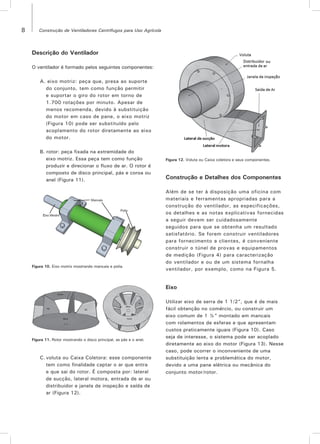 8 Construção de Ventiladores Centrífugos para Uso Agrícola
Descrição do Ventilador
O ventilador é formado pelos seguintes componentes:
A. eixo motriz: peça que, presa ao suporte
do conjunto, tem como função permitir
e suportar o giro do rotor em torno de
1.700 rotações por minuto. Apesar de
menos recomenda, devido à substituição
do motor em caso de pane, o eixo motriz
(Figura 10) pode ser substituído pelo
acoplamento do rotor diretamente ao eixo
do motor.
B. rotor: peça fixada na extremidade do
eixo motriz. Essa peça tem como função
produzir e direcionar o fluxo de ar. O rotor é
composto de disco principal, pás e coroa ou
anel (Figura 11).
Figura 10. Eixo motriz mostrando mancais e polia.
Figura 12. Voluta ou Caixa coletora e seus componentes.
Figura 11. Rotor mostrando o disco principal, as pás e o anel.
C.	voluta ou Caixa Coletora: esse componente
tem como finalidade captar o ar que entra
e que sai do rotor. É composta por: lateral
de sucção, lateral motora, entrada de ar ou
distribuidor e janela de inspeção e saída de
ar (Figura 12).
Construção e Detalhes dos Componentes
Além de se ter à disposição uma oficina com
materiais e ferramentas apropriadas para a
construção do ventilador, as especificações,
os detalhes e as notas explicativas fornecidas
a seguir devem ser cuidadosamente
seguidos para que se obtenha um resultado
satisfatório. Se forem construir ventiladores
para fornecimento a clientes, é conveniente
construir o túnel de provas e equipamentos
de medição (Figura 4) para caracterização
do ventilador e ou de um sistema fornalha
ventilador, por exemplo, como na Figura 5.
Eixo
Utilizar eixo de serra de 1 1/2”, que é de mais
fácil obtenção no comércio, ou construir um
eixo comum de 1 ½” montado em mancais
com rolamentos de esferas e que apresentam
custos praticamente iguais (Figura 10). Caso
seja de interesse, o sistema pode ser acoplado
diretamente ao eixo do motor (Figura 13). Nesse
caso, pode ocorrer o inconveniente de uma
substituição lenta e problemática do motor,
devido a uma pane elétrica ou mecânica do
conjunto motor/rotor.
 