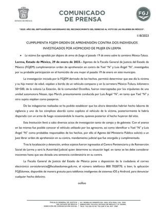 "2023. AÑO DEL SEPTUAGÉSIMO ANIVERSARIO DEL RECONOCIMIENTO DEL DERECHO AL VOTO DE LAS MUJERES EN MÉXICO".
118/2023
CUMPLIM...