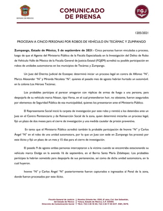 1205/2021
PROCESAN A CINCO PERSONAS POR ROBOS DE VEHÍCULO EN TECÁMAC Y ZUMPANGO
Zumpango, Estado de México, 5 de septiembre de 2021.- Cinco personas fueron vinculadas a proceso,
luego de que el Agente del Ministerio Público de la Fiscalía Especializada en la Investigación del Delito de Robo
de Vehículo Valle de México de la Fiscalía General de Justicia Estatal (FGJEM) acreditó su posible participación en
robos de unidades automotoras en los municipios de Tecámac y Zumpango.
Un Juez del Distrito Judicial de Ecatepec determinó iniciar un proceso legal en contra de Alfonso “N”,
Marco Alexander “N” y Miranda Nicoleta “N”. quienes el pasado mes de agosto habrían hurtado un automóvil.
en la colonia Los Héroes Tecámac.
Los probables partícipes al parecer amagaron con réplicas de armas de fuego a una persona, para
despojarla de su vehículo marca Nissan, tipo Versa, en el cual pretendieron huir, no obstante, fueron asegurados
por elementos de Seguridad Pública de esa municipalidad, quienes los presentaron ante el Ministerio Público.
El Representante Social inició la carpeta de investigación por este robo y remitió a los detenidos ante un
Juez en el Centro Penitenciario y de Reinserción Social de la zona, quien determinó iniciarles un proceso legal,
fijó un plazo de dos meses para el cierre de investigación y una medida cautelar de prisión preventiva.
En tanto que el Ministerio Público acreditó también la probable participación de Ivonne “N” y Carlos
Ángel “N” en el robo de una unidad automotora, por lo que un Juez con sede en Zumpango los procesó por
este ilícito y fijó un plazo de un mes y 15 días para el cierre de investigación.
El pasado 9 de agosto ambas personas interceptaron a la víctima cuando se encontraba estacionando su
vehículo marca Dodge en la avenida 16 de septiembre, en el Barrio Santa María Zitlaltepec. Los probables
partícipes la habrían sometido para despojarla de sus pertenencias, así como de dicha unidad automotora, en la
cual huyeron.
Ivonne “N” y Carlos Ángel “N” posteriormente fueron capturados e ingresados al Penal de la zona,
donde fueron procesados por este ilícito.
 