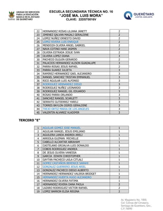 ESCUELA SECUNDARIA TÉCNICA NO. 16
“JOSÉ MA. LUIS MORA”
CLAVE: 22DST0016V
22 HERNANDEZ ROSAS LILIANA JANETT 2
23 JIMENEZ GALVAN MAGALI GERALDINE 2
24 LOPEZ NUÑEZ ERNESTO DAVID 2
25 LOPEZ RIVERA LUIS ENRIQUE 2
26 MENDOZA OLVERA ANGEL GABRIEL 2
27 NAVA COTINO HANI JASMIN 2
28 OLVERA ESTRADA JOSUE IVAN 2
29 OLVERA LOPEZ DIANA 3
30 PACHECO OLGUIN GERARDO 2
31 PALACIOS HERNANDEZ ALISON GUADALUPE 3
32 PARRA ROSAS JESUS RAFAEL 2
33 PARRA SUAREZ JULIETA 3
34 RAMIREZ HERNANDEZ GAEL ALEJANDRO 3
35 RANGEL SANCHEZ TRISTAN EMMANUEL 3
36 RICO AGUILAR LUIS ALFONSO 3
37 RODRIGUEZ HERNANDEZ DIEGO 3
38 RODRIGUEZ NUÑEZ LEONARDO 3
39 RODRIGUEZ RANGEL GIL EDUARDO 3
40 ROSAS PARRA ORLANDO 3
41 SANCHEZ RANGEL SCARLETT 3
42 SERRATO GUTIERREZ YARELI 3
43 TORRES BAYLON OSIRIS GERALDINE 3
44 TREJO ORTIZ MARIA DE LOS ANGELES 3
45 VALENTIN ALVAREZ VLADIMIR 3
TERCERO “E”
1 AGUILAR GOMEZ JOSE MANUEL 1
2 AGUILAR RANGEL JESUS EMILIANO 1
3 AGUILERA LANDA ANDREA ARELI 1
4 ARRIOLA GUZMAN MICHELLE 1
5 CABELLO ALCANTAR ABRAHAM 1
6 CASTELANO GRIJALVA LUIS DONALDO 1
7 COBOS RODRIGUEZ ANDREA 1
8 DE JESUS OLVERA VANESSA 1
9 GARCIA EDWIN CHRISTOPHER 1
10 GAYTAN PACHECO LAILA CITLALI 1
11 GOMEZ CASTAÑON BERENICE SARAHI 1
12 GONZALEZ GUERRERO JESUS ARIEL 1
13 GONZALEZ PACHECO DIEGO ALBERTO 1
14 HERNANDEZ HERNANDEZ VALERIA BRIDGET 1
15 HERNANDEZ HUERTA HUGO ALEJANDRO 2
16 HERNANDEZ OLVERA FATIMA 1
17 HERNANDEZ RIVERA DANA PAOLA 2
18 LAZARO RODRIGUEZ VICTOR RAFAEL 2
19 LOPEZ BARRON ELISA REGINA 2
 